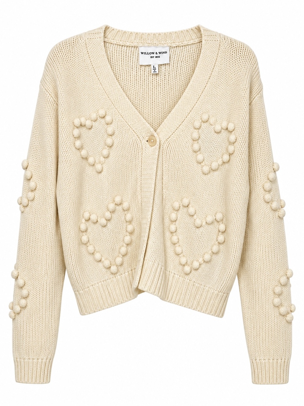 Cream Pom Pom Heart V-Neck Cropped Knit Cardigan Sweater Large